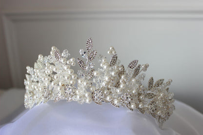 "ANDREA" Crystal & Pearl Bridal Crown - Silver