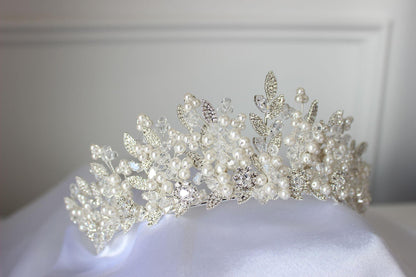 "ANDREA" Crystal & Pearl Bridal Crown - Silver