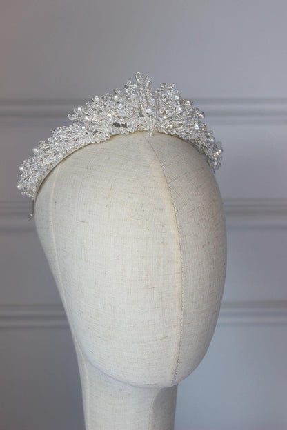 "MIRNA" Pearl & Crystal Bridal Crown - Silver