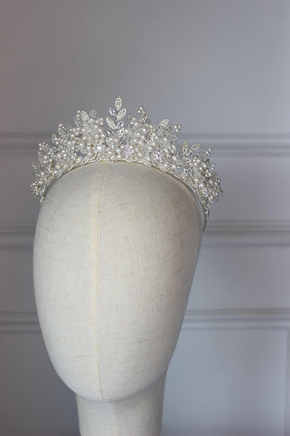 "ANDREA" Crystal & Pearl Bridal Crown - Silver