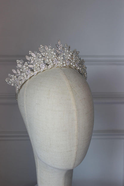 "ANDREA" Crystal & Pearl Bridal Crown - Silver
