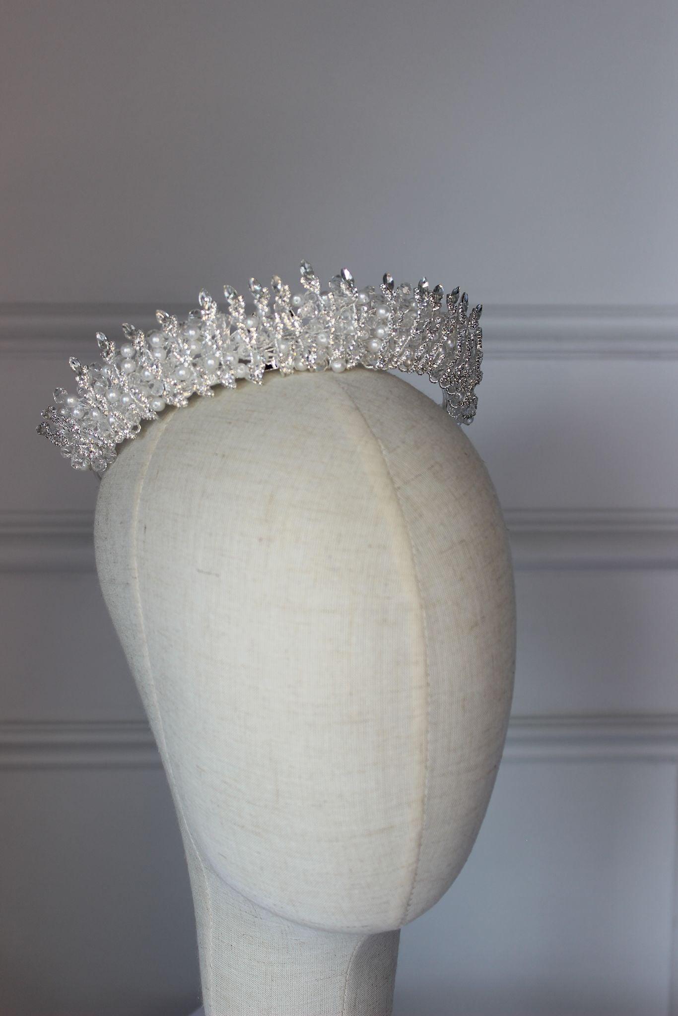 "THEA" Pearl & Crystal Bridal Crown - Silver