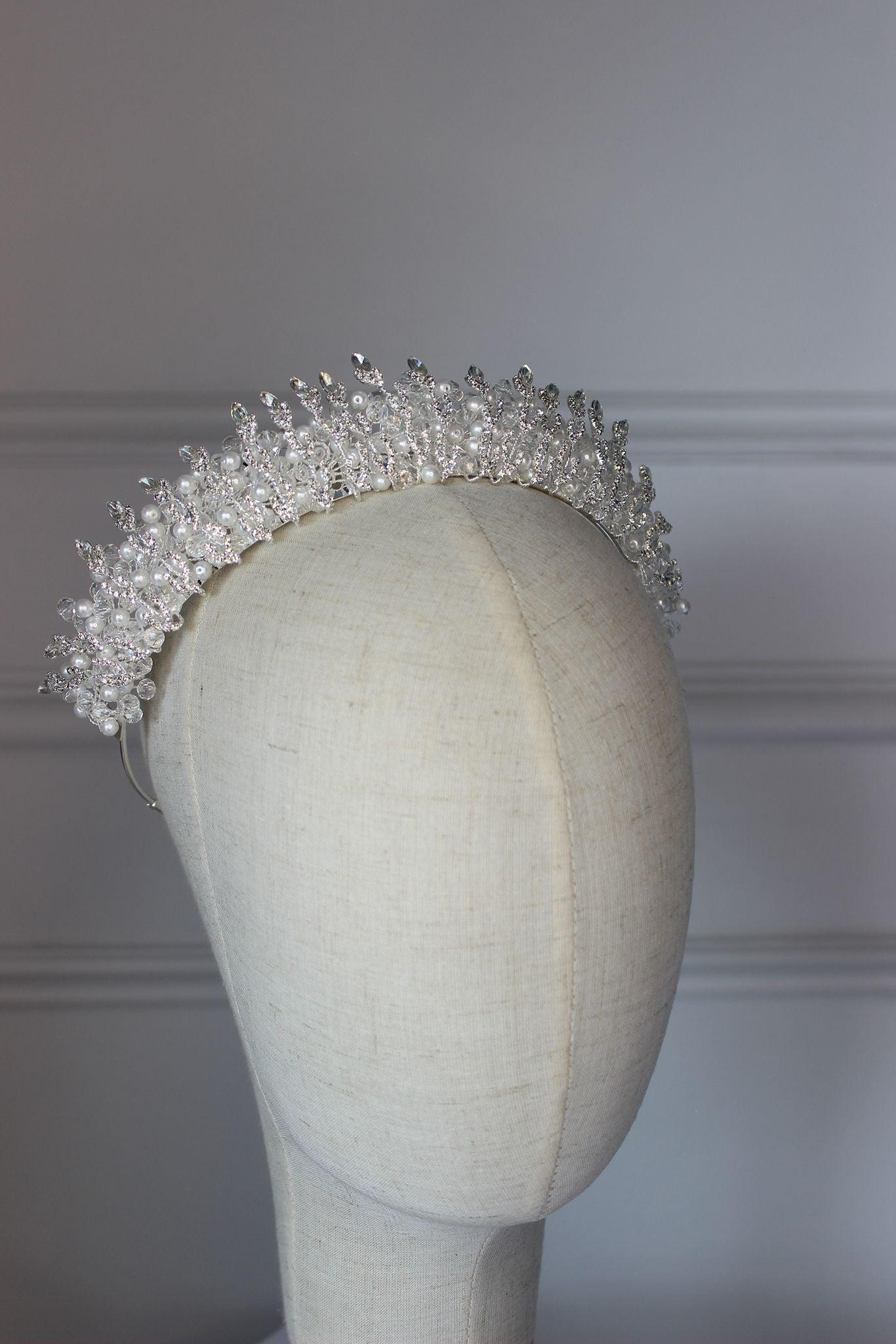 "THEA" Pearl & Crystal Bridal Crown - Silver