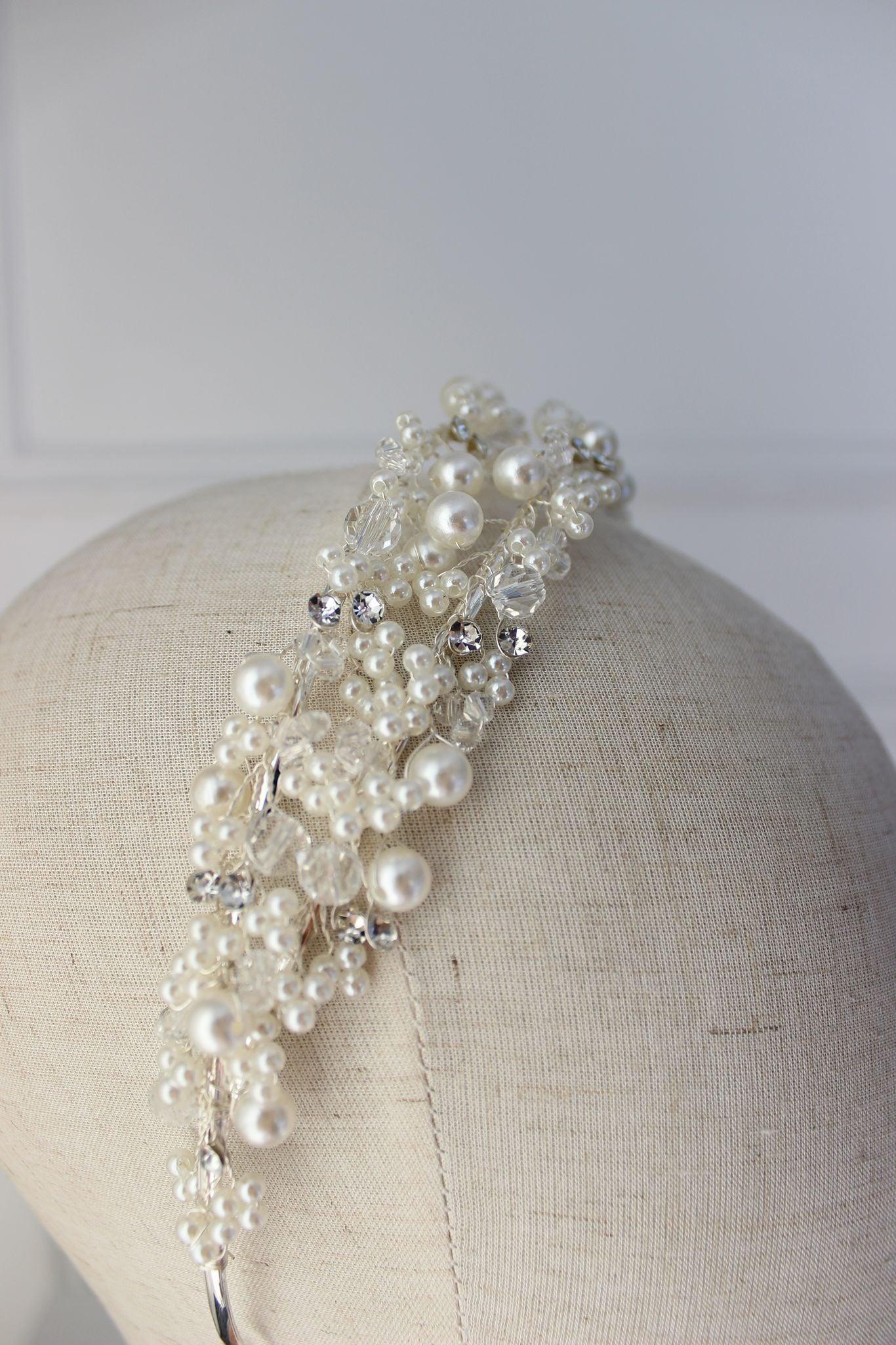 "LEAH" Pearl and Crystal Bridal Headpiece - Silver