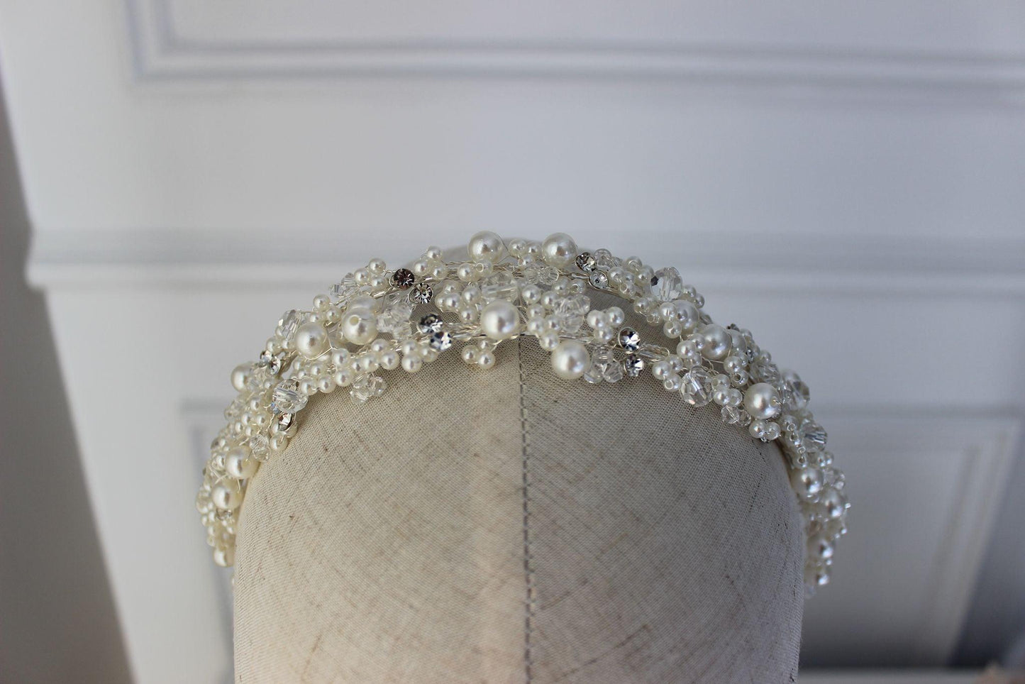 "LEAH" Pearl and Crystal Bridal Headpiece - Silver