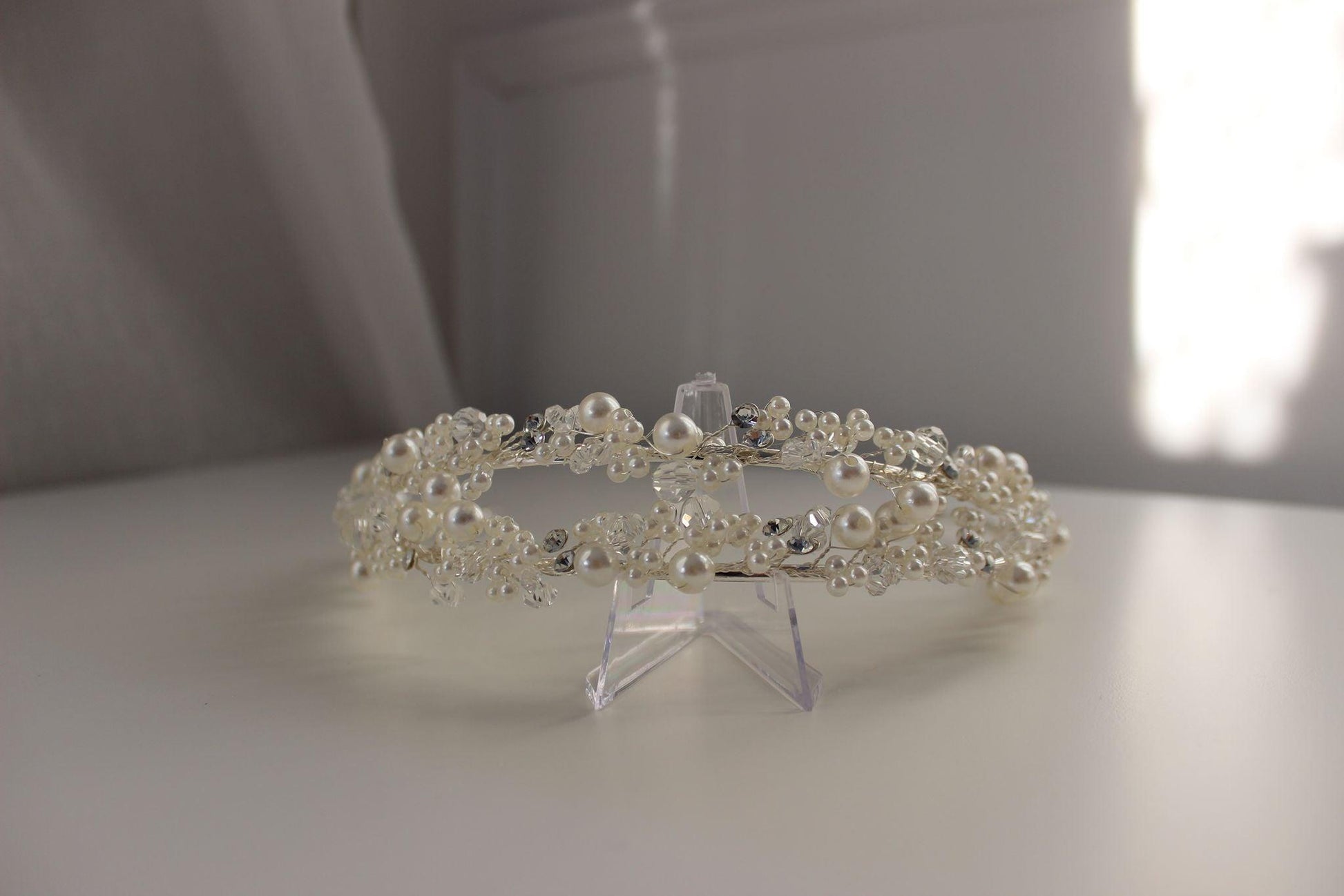 "LEAH" Pearl and Crystal Bridal Headpiece - Silver