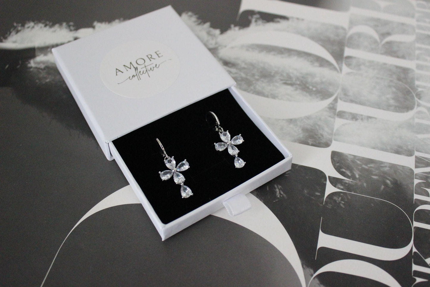 Crystal Silver Cross Earrings