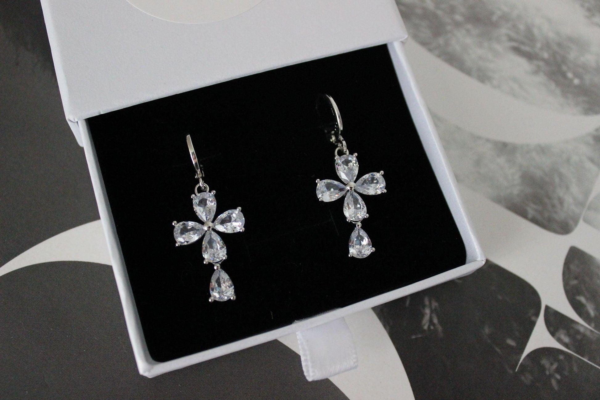 Crystal Silver Cross Earrings