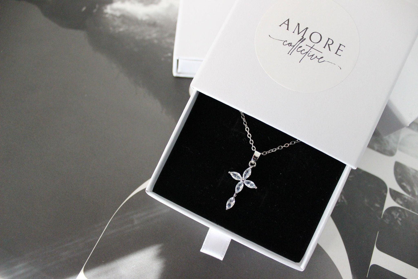 Marquise Crystal Cross Silver Pendant & Necklace