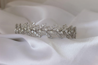 "GEMMA" Crystal & Pearl Bridal Headpiece - Silver