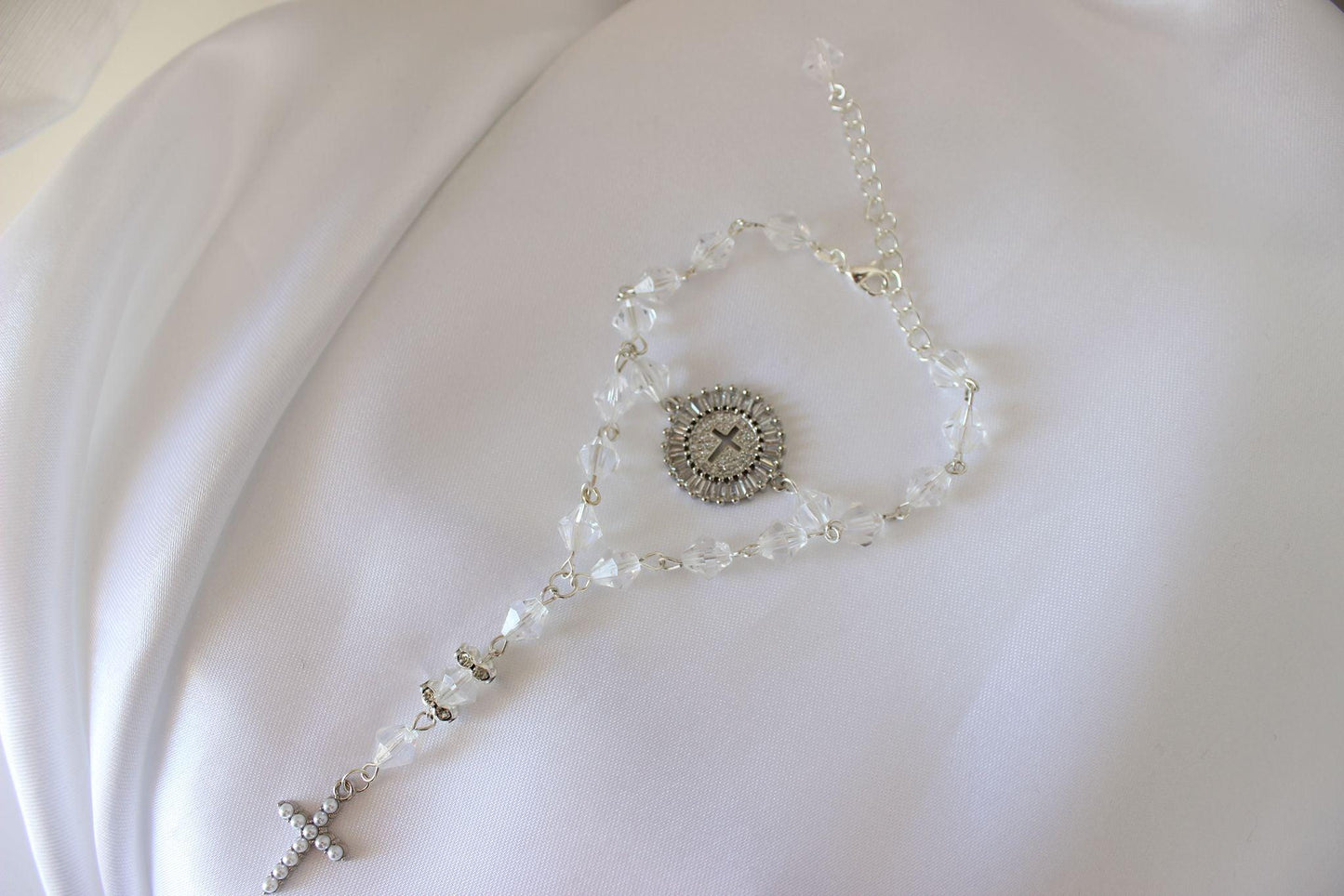 Bridal Rosary Bracelet with Drop Chain & Cross Emblem