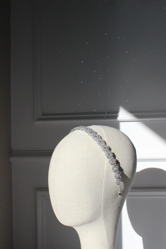 Kaia silver bridal headband on mannequin