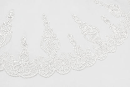 White lace trim with an ornate floral and scroll pattern along a scalloped edge, shown against a plain white background.