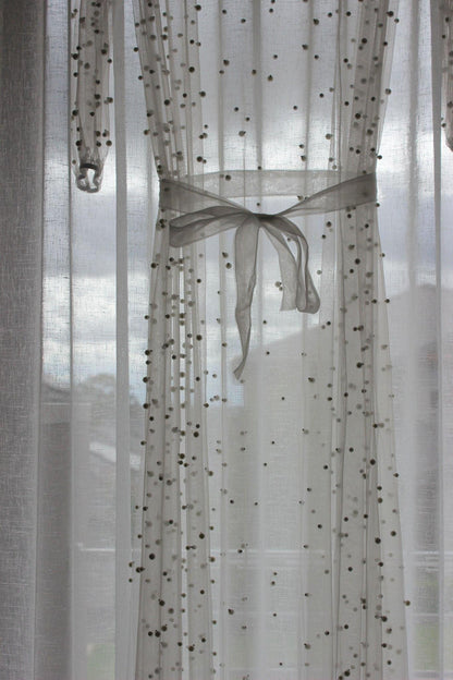 Pearl Bridal Robe with curtain in background