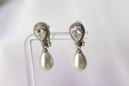 Pearl drop silver clip on earrings