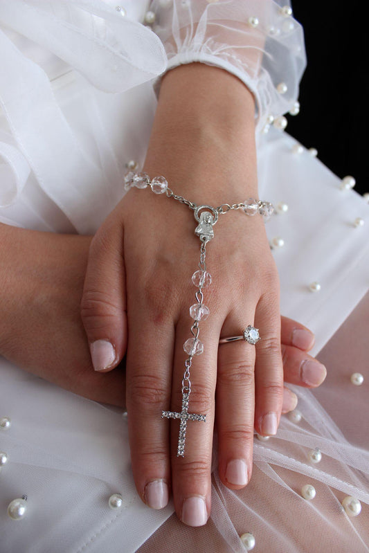 Bridal Rosary Bracelet Single Strand With Silver Cross