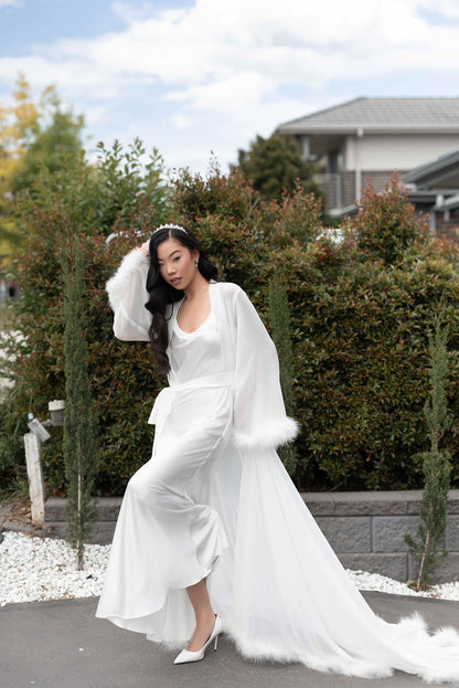 Sydney Bridal fur robe on model outside