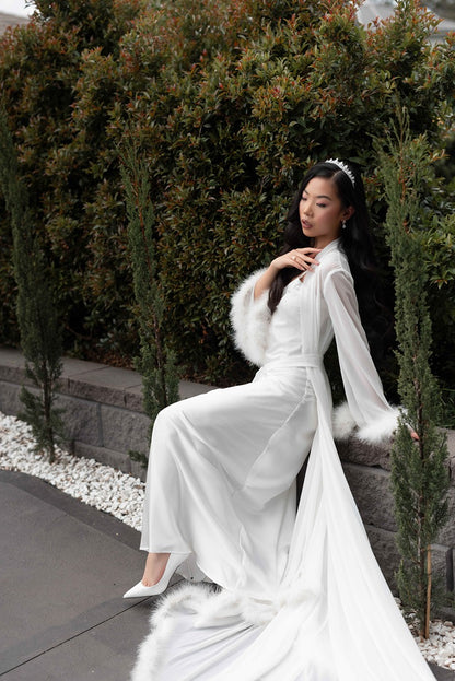 Sydney fur robe on model outside