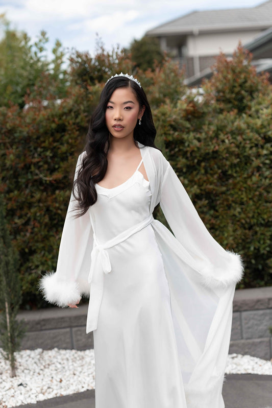 Sydney Bridal fur robe on model outside