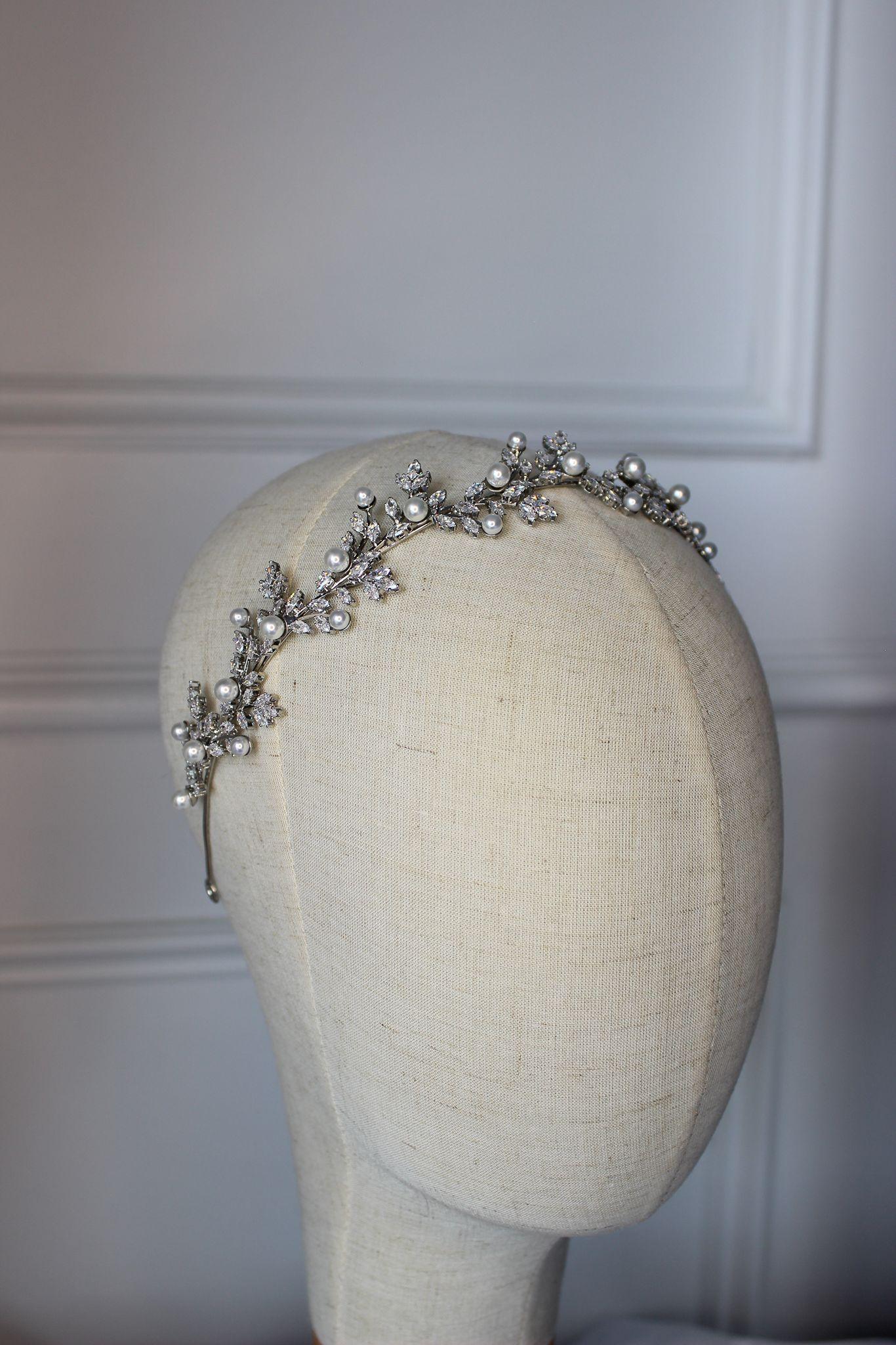 Anastasia crystal & pearl silver bridal headband