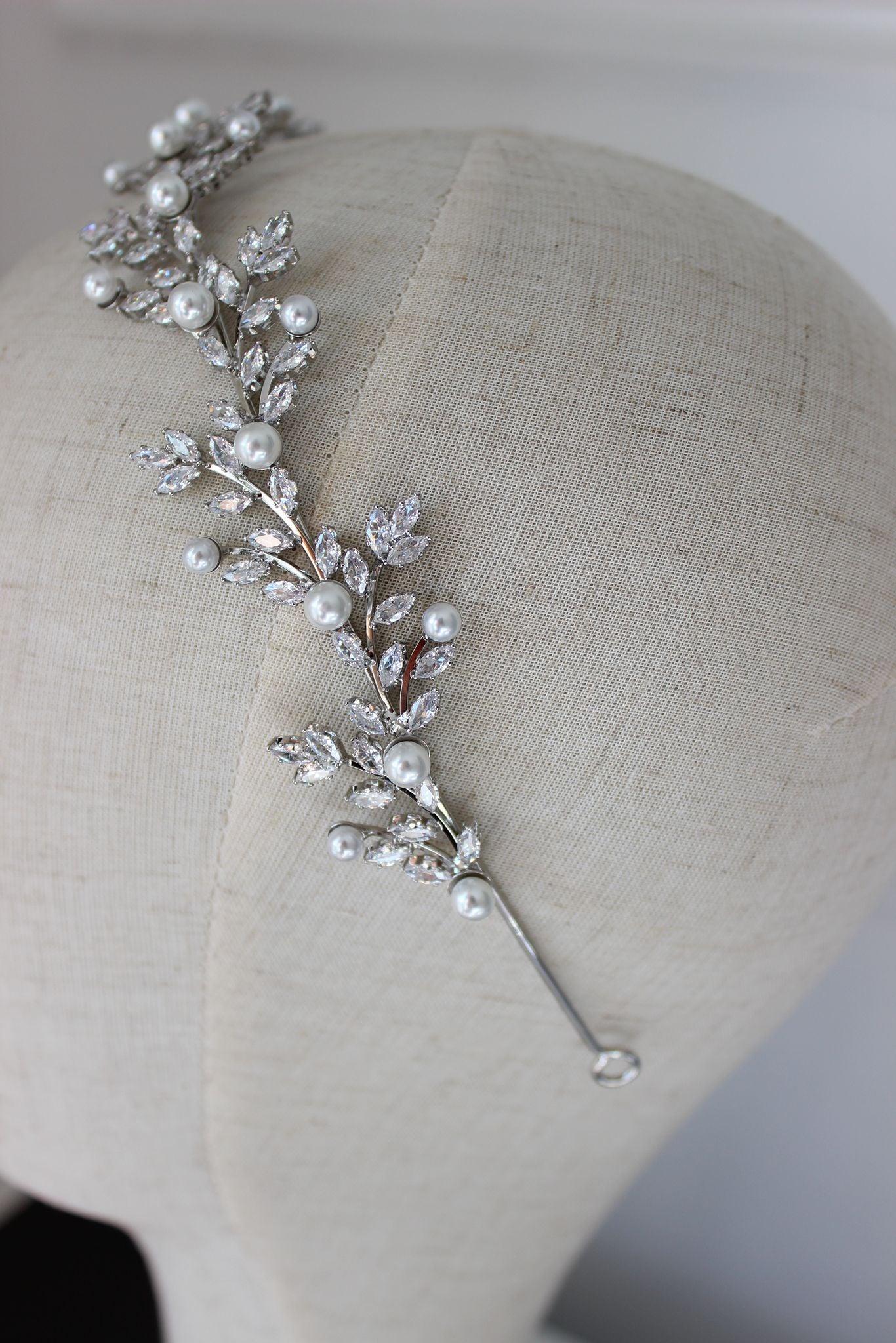 Anastasia crystal & pearl silver bridal headband