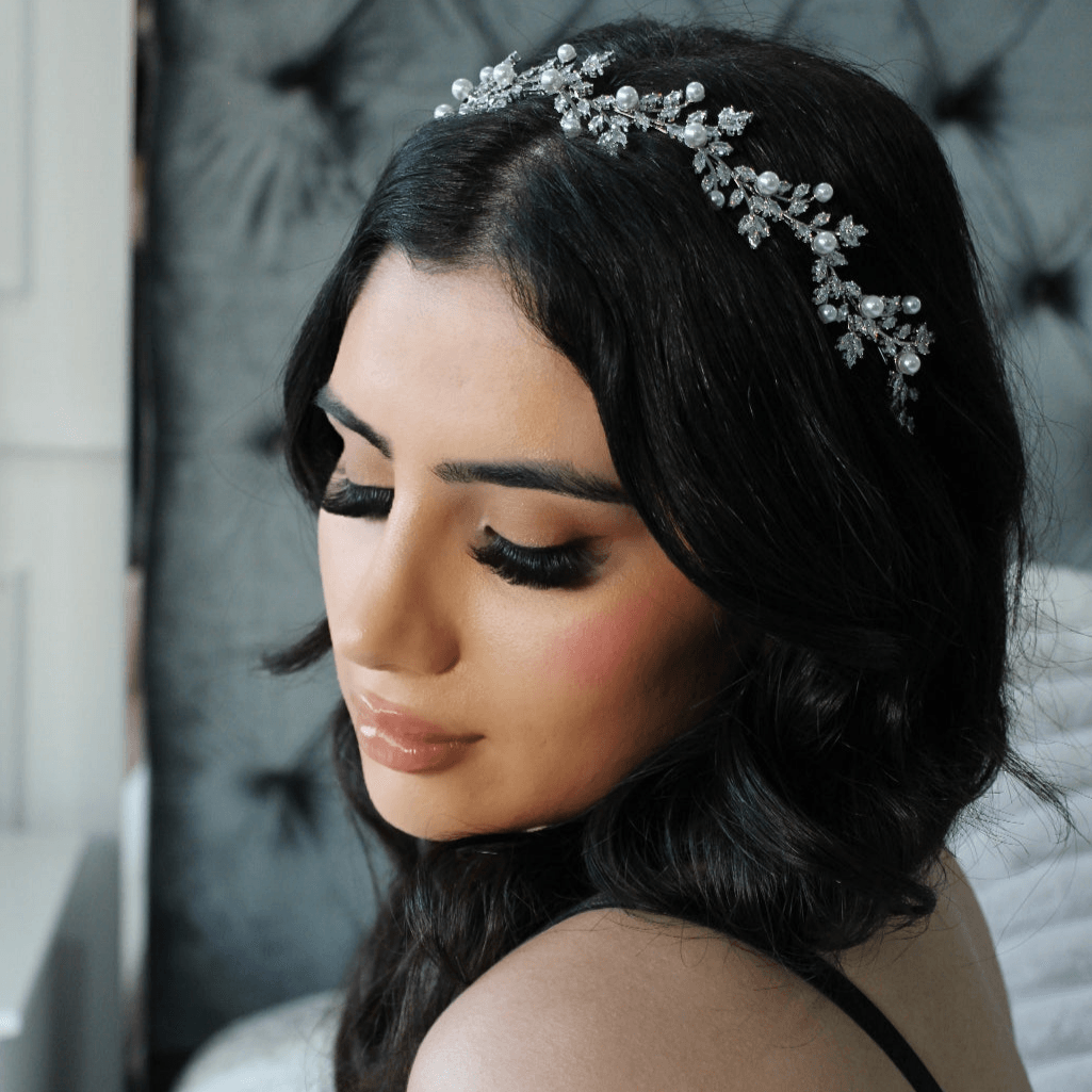 Anastasia crystal & pearl silver bridal headband
