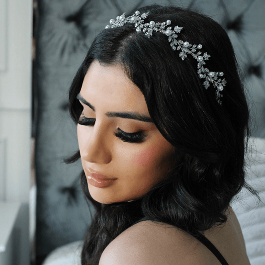 Anastasia crystal & pearl silver bridal headband