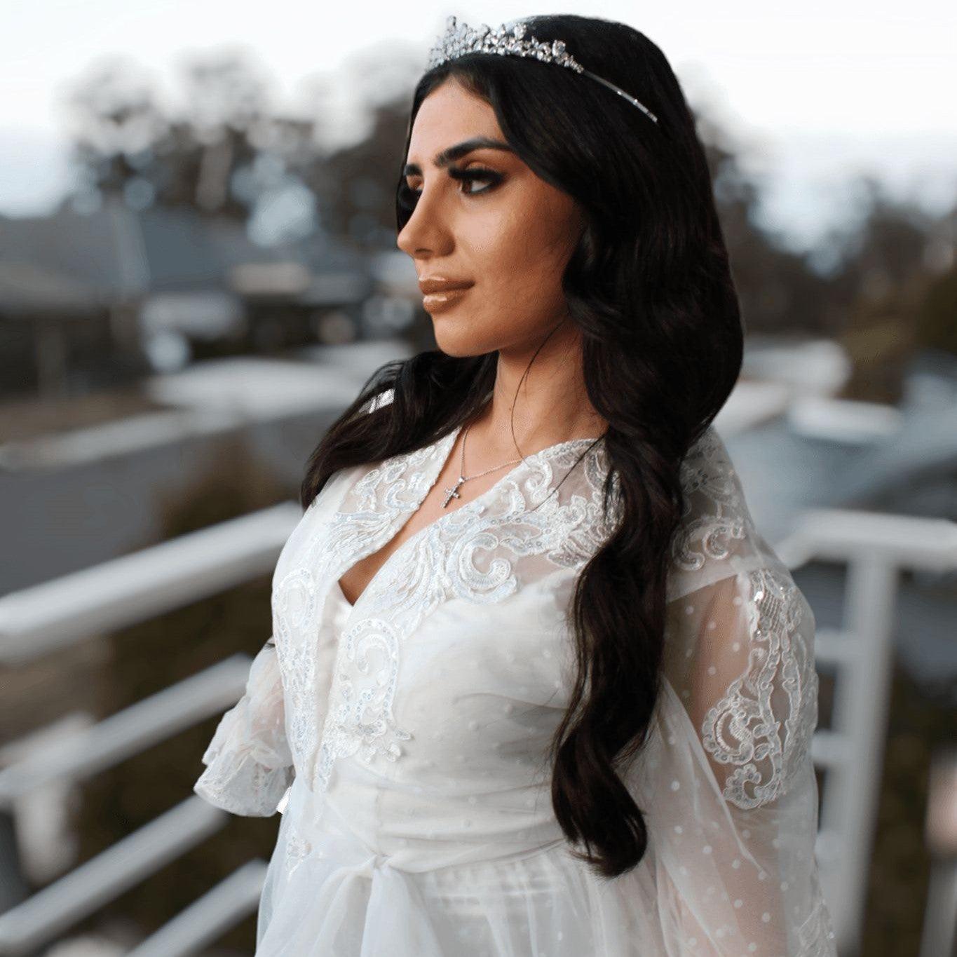 Close up of bride wearing the Ariana Lace Robe