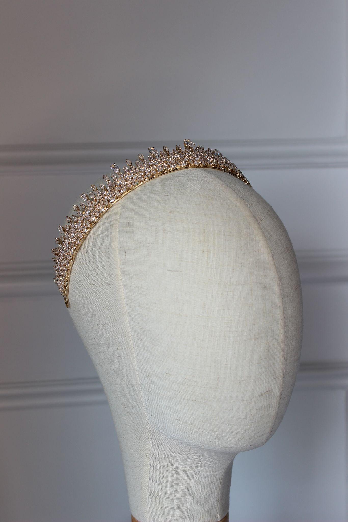 Babylon bridal crown in rose gold shown on mannequin