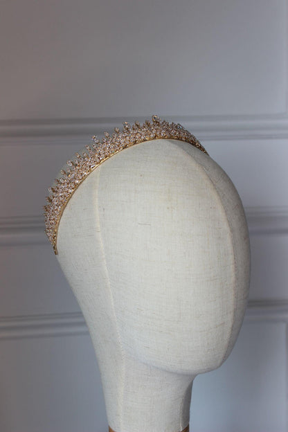 Babylon bridal crown in rose gold shown on mannequin