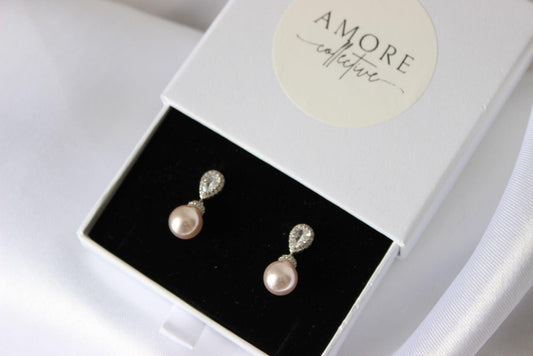Bianca Mini Light Pink Pearl Drop Earrings in jewellery box
