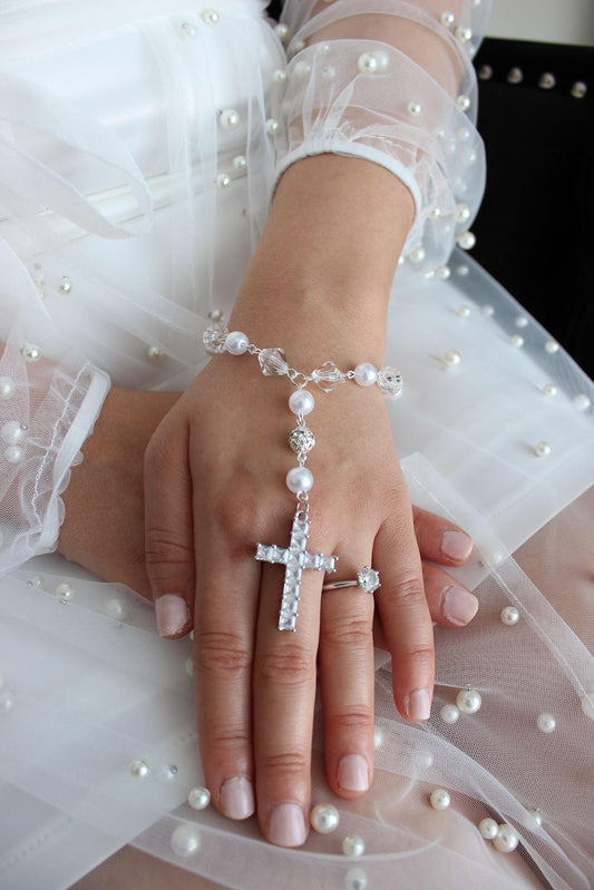 Bridal Rosary Bracelet with Crystals and Pearls and large cross