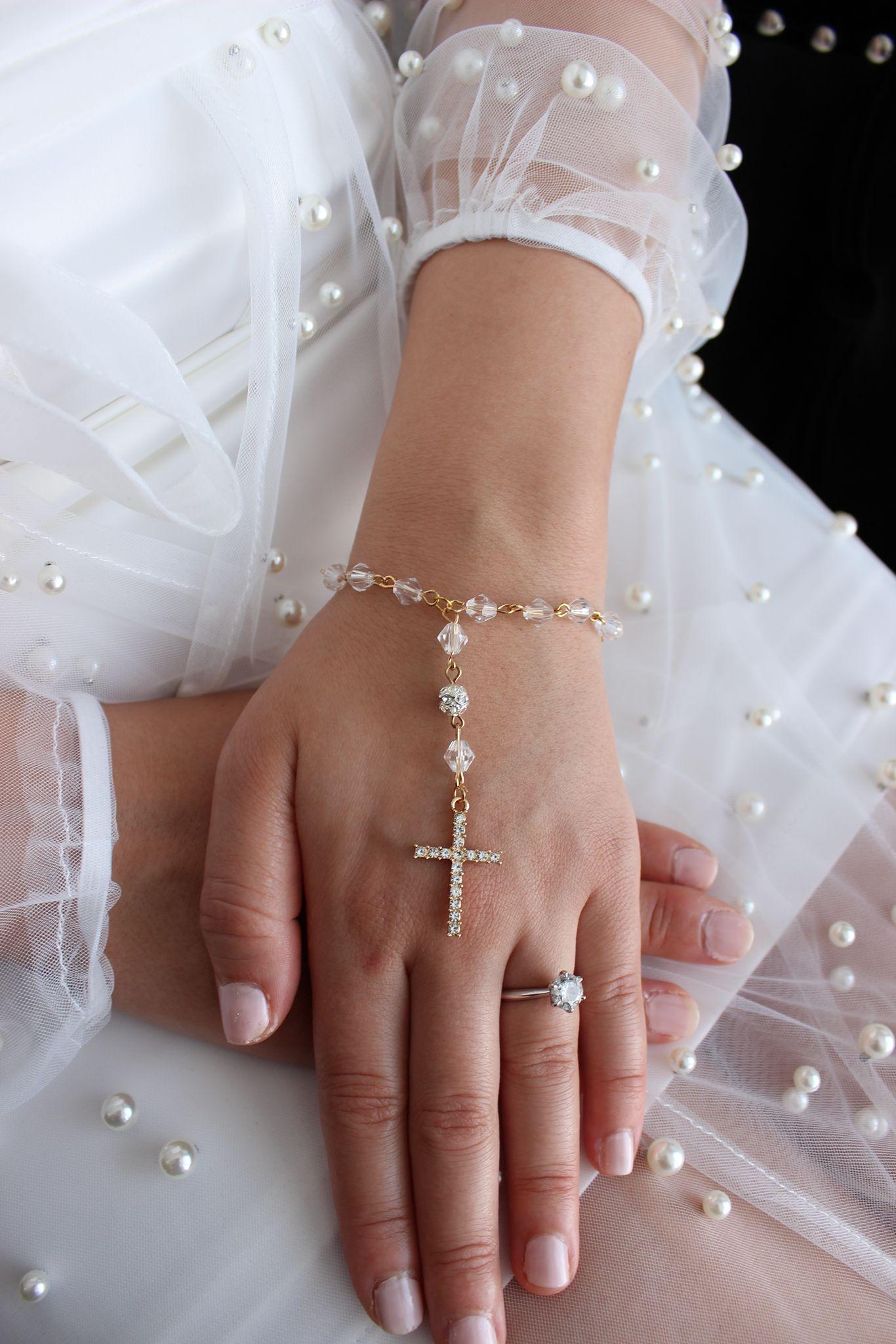 Bridal Rosary Bracelet Single Strand with gold cross