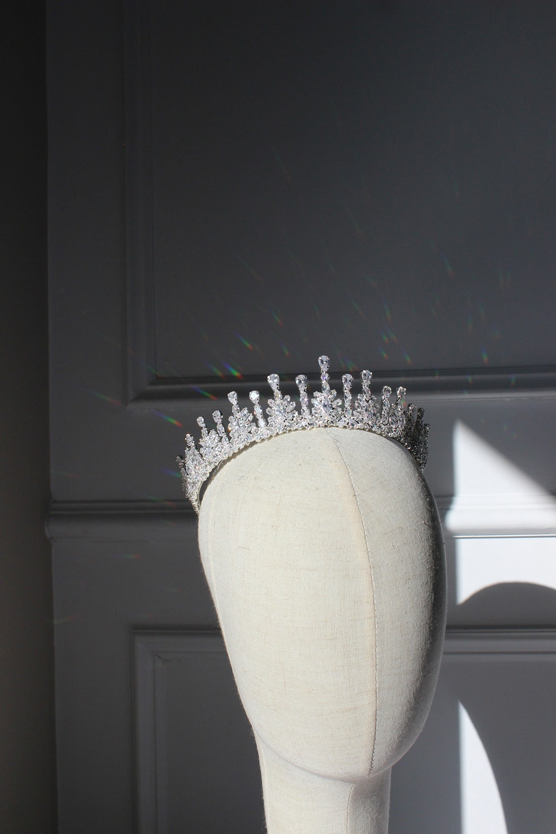 camilla silver bridal crown on mannequin
