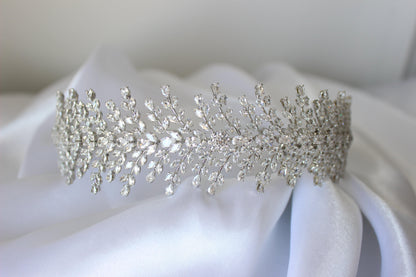 Christina bridal headband resting on soft white cloth