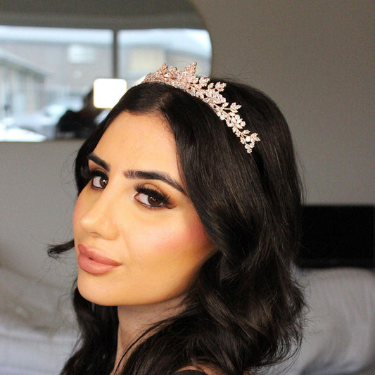 Dana rose gold bridal tiara worn by model