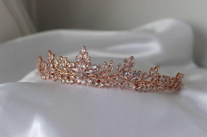 dana rose gold bridal tiara on white cloth