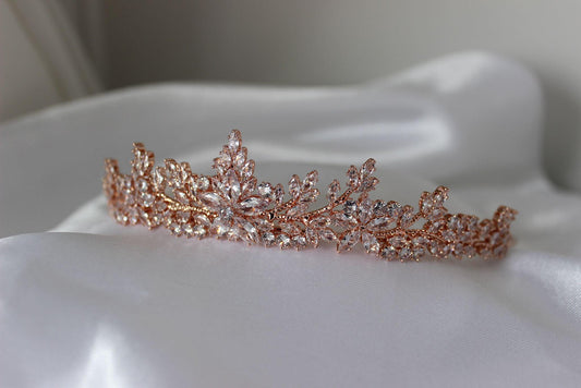 dana rose gold bridal tiara on white cloth
