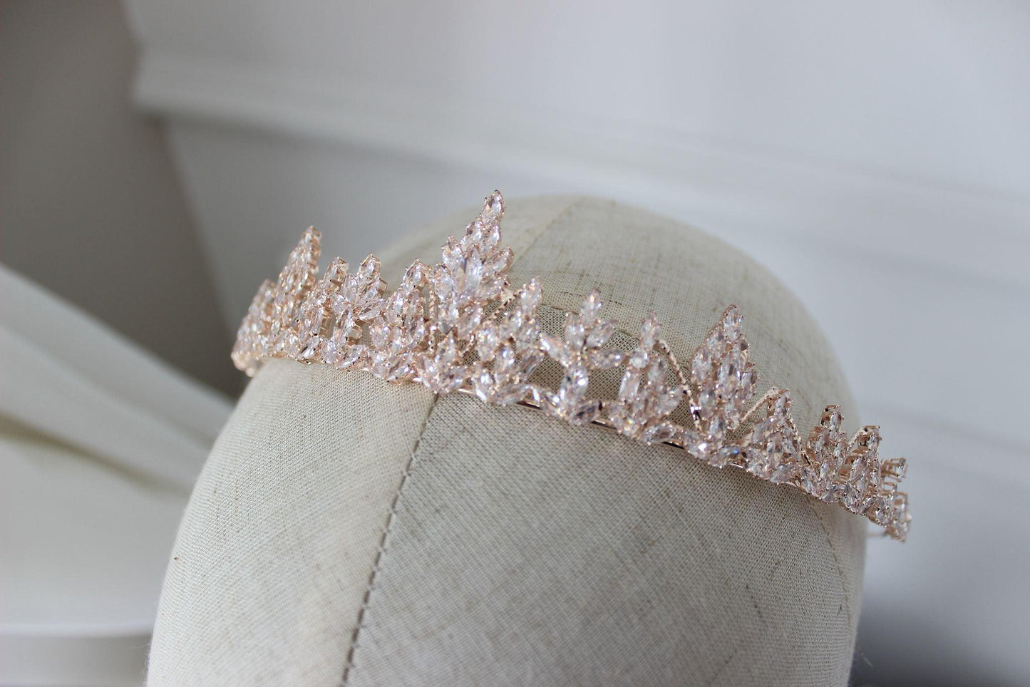 Rose Gold Bridal Tiara on Mannequin Head