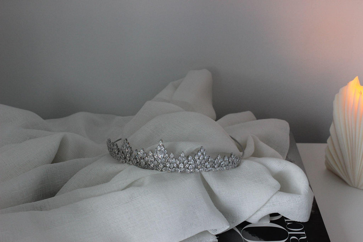 silver bridal tiara with marquise cut cubic stones