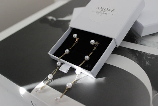 diana pearl gold drop earrings with long pearl drops