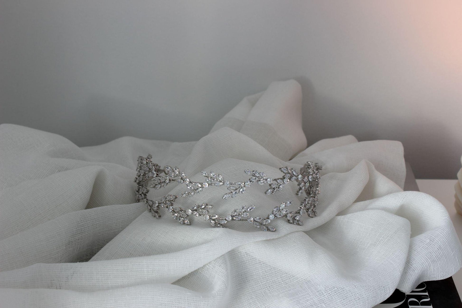Eden silver bridal headpiece with crystal branch detailing