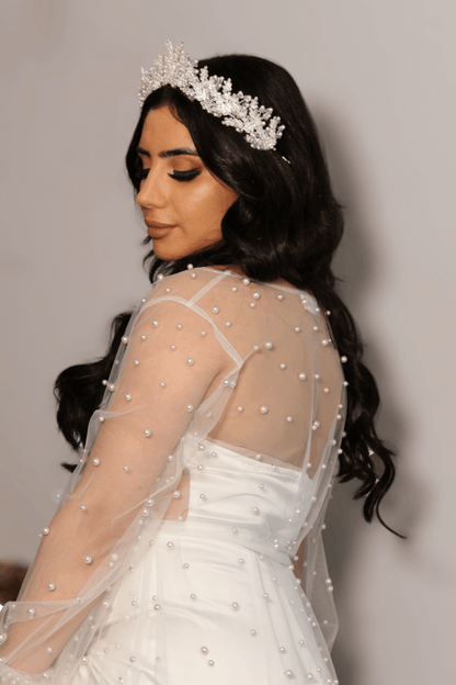 elira bridal crown on bride posing sideways