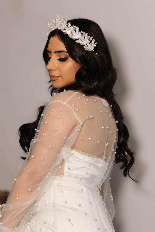 elira bridal crown on bride posing sideways