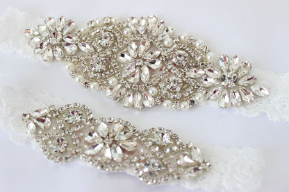 Embellished lace bridal garter set of 2