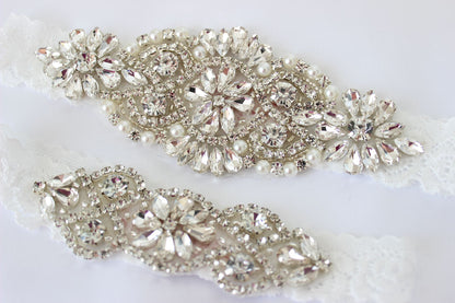 Embellished lace bridal garter set of 2