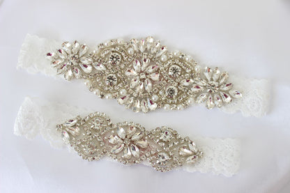 Embellished lace bridal garter set of 2