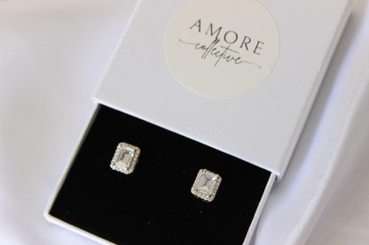 emerald cut silver bridal stud earrings