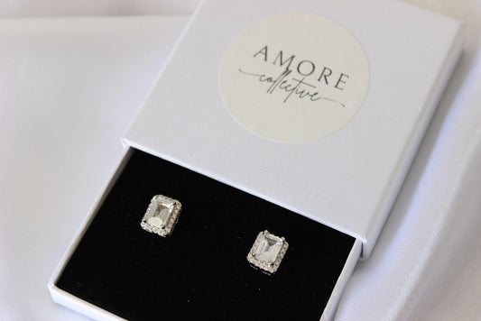 emerald cut silver stud earrings