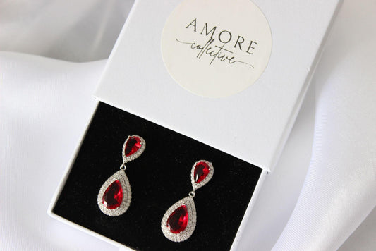 Emily Ruby Drop Earrings in jewellery box